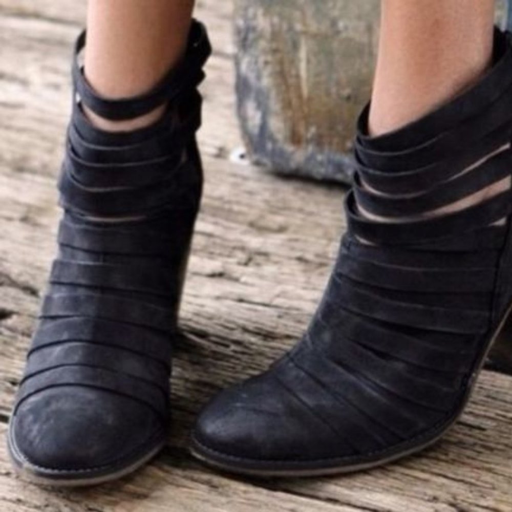 Free People New Boots HYBRID Strappy Suede Leather Booties NIB BLACK Women's 10 - Picture 3 of 14